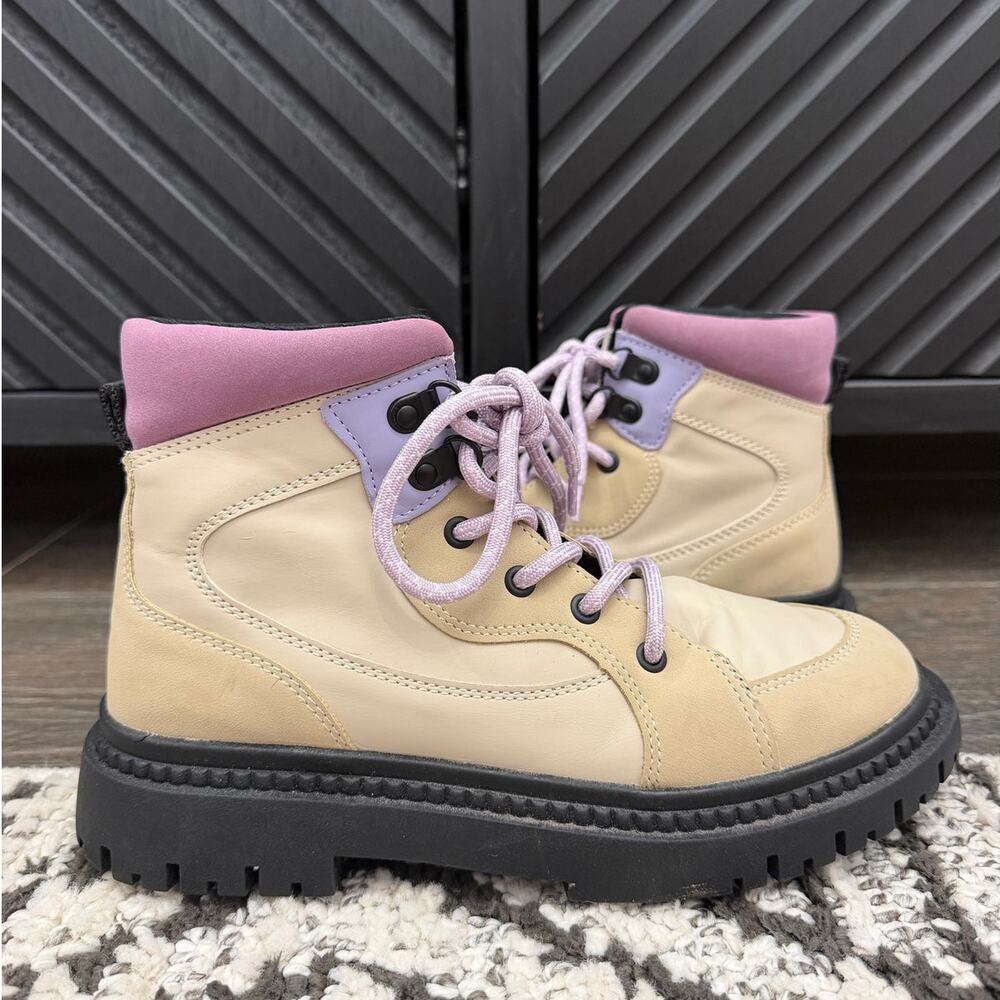 Zara Girls Chunky Combat Boots Cream Lavender Lug Sole EU 35